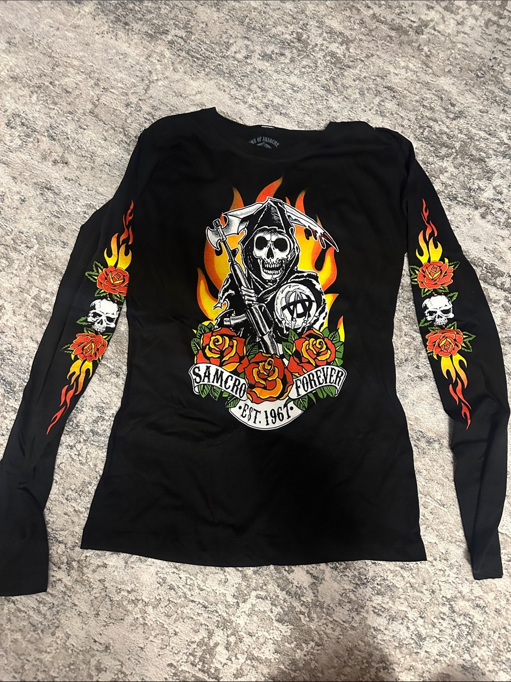 Black Graphic Long Sleeve Biker Tee with Flames & Skulls Medium